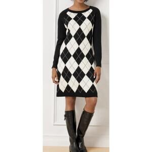 Talbots Dress Medium Argyle Sweater Dress Black & White Knee Length New NWT